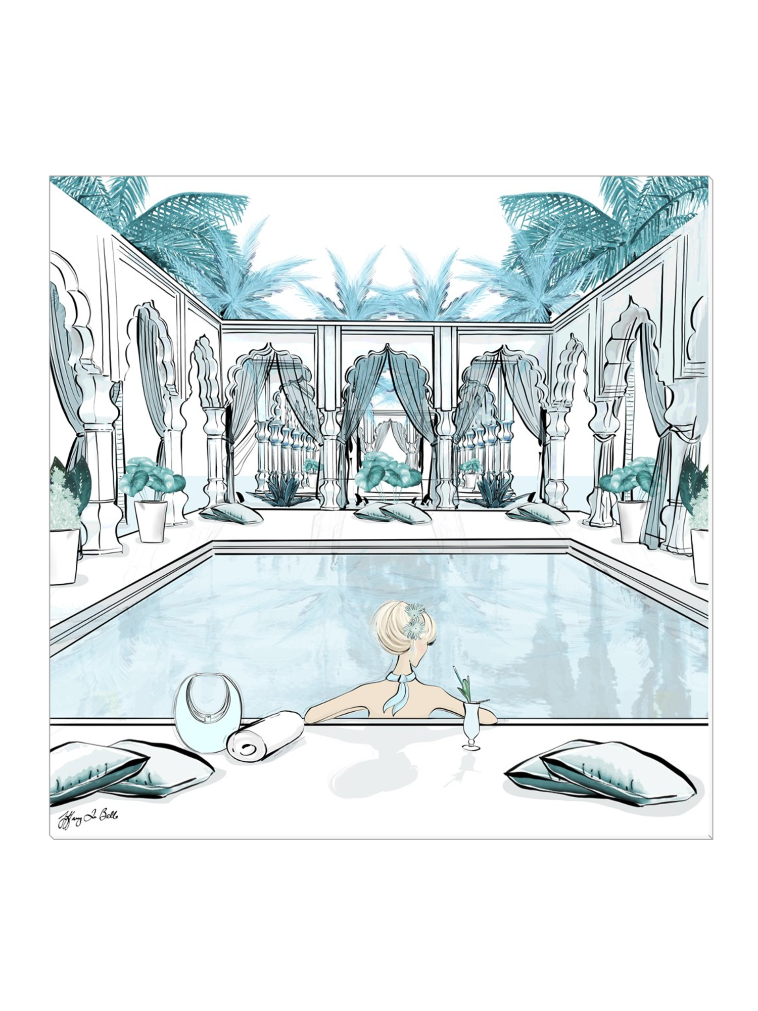 Moroccan Pool Time Blue - Illustration - Canvas Gallery Print - Unframed or Framed - Tiffany La Belle