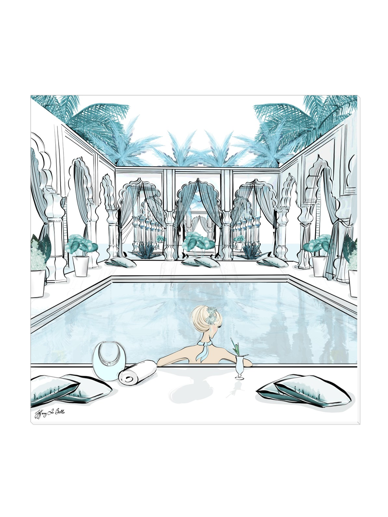 Moroccan Pool Time Blue - Illustration - Canvas Gallery Print - Unframed or Framed - Tiffany La Belle