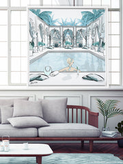 Moroccan Pool Time Blue - Illustration - Canvas Gallery Print - Unframed or Framed - Tiffany La Belle