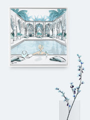 Moroccan Pool Time Blue - Illustration - Canvas Gallery Print - Unframed or Framed - Tiffany La Belle